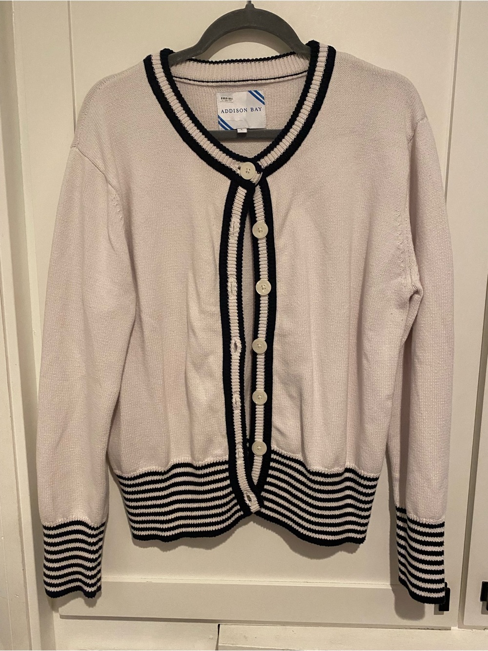 Addison Bay Cream Cardigan with Navy Trim and Striped Hem